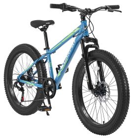 24 Inch Fat Tire Bike Adult/Youth Full Shimano 7 Speeds Mountain Bike, Dual Disc Brake, High-Carbon Steel Frame, Front Suspension, Mountain Trail (Color: Green)