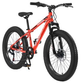 24 Inch Fat Tire Bike Adult/Youth Full Shimano 7 Speeds Mountain Bike, Dual Disc Brake, High-Carbon Steel Frame, Front Suspension, Mountain Trail (Color: Orange)