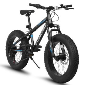 20 inch Fat Tire Bike Teen 7 Speed Mountain Bike, Dual Disc Brakes, High Carbon Steel Frame, Front Suspension, Mountain Dirt Bike (Color: BLACK-BLUE)